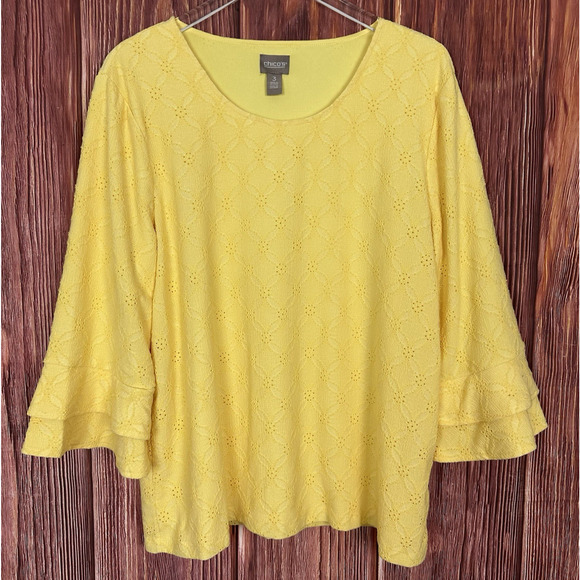 Chico's Womens Top Yellow Eyelet Embroidered 3/4 Sleeve Size 3 (XL) - Picture 1 of 6